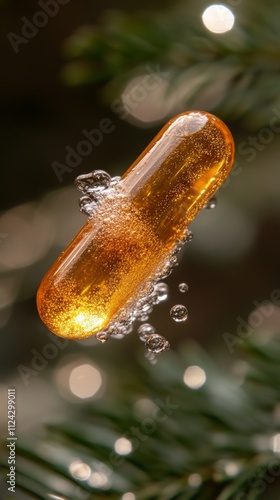 A golden psychobiotic capsule is suspended in the air, surrounded by effervescent bubbles, highlighting its innovative approach to gut health photo