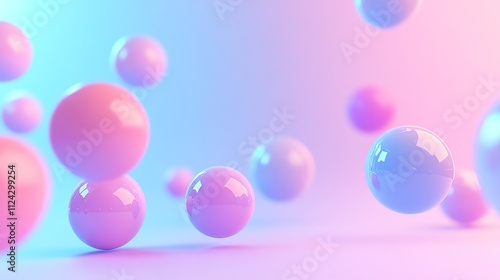 Abstract background of colorful spheres on a pink and blue gradient background.