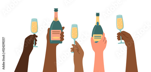Set of human hands holding champagne flutes and champagne bottles isolated on white background. Holiday celebration concept.