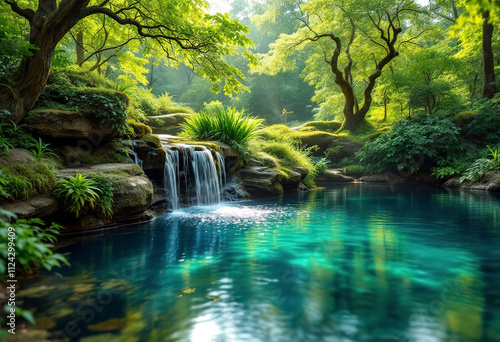 A serene pond surrounded by lush greenery and trees, with a small waterfall cascading into the water