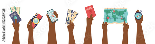 Set of people hands holding travel objects isolated on white background. Travel and vacation concept banner. Vector flat clipart. 