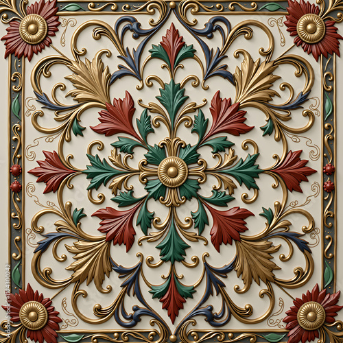 A decorative ceiling tile with a floral design, intricate and detailed