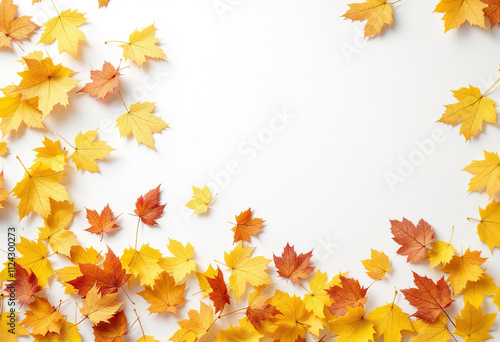 Scattered autumn leaves in shades of yellow and brown against a white background