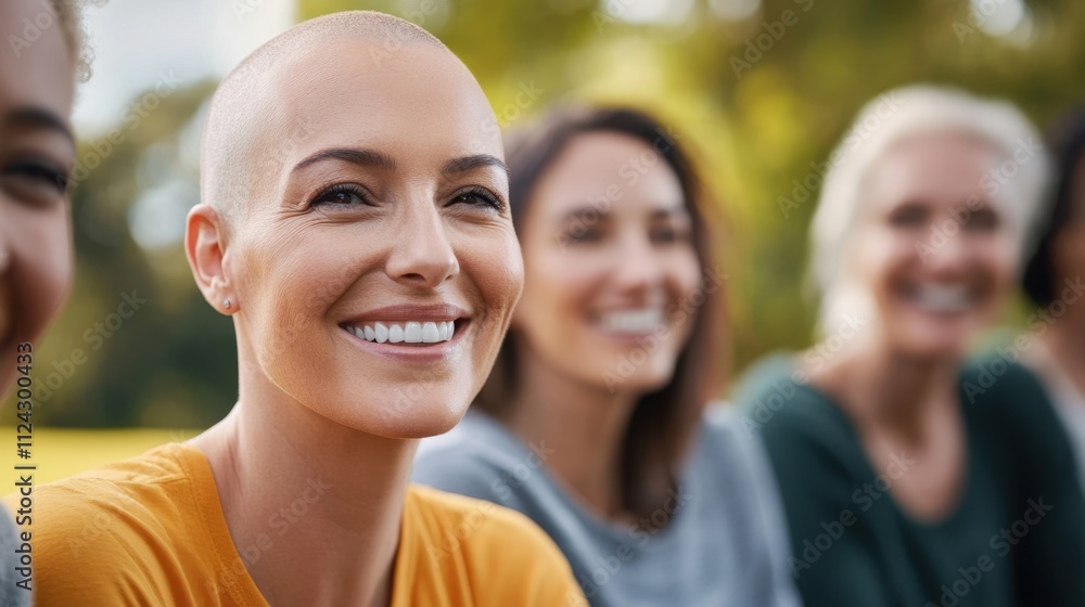 A joyful group of women, including a smiling bald woman, enjoying a sunny day outdoors, radiating positivity and connection. A joyful group of women, including a smiling bald woman, enjoying a sunny day outdoors, radiating positivity and connection.