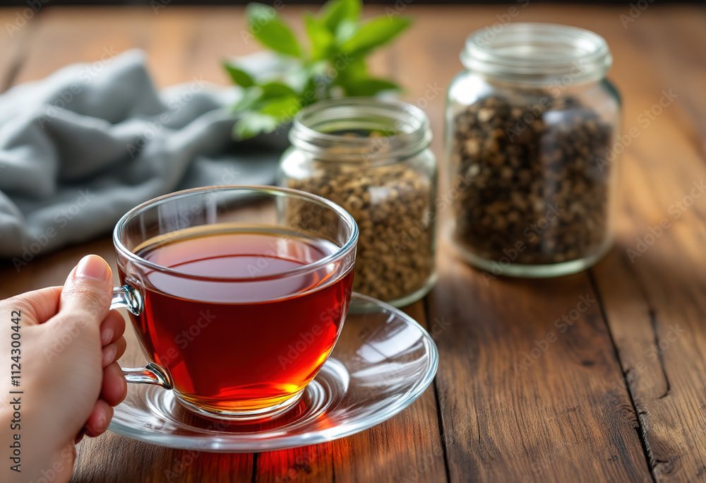 Three glass jars containing various spices or herbs on a wooden surface, with a hand holding a cup of red tea in the foreground Three glass jars containing various spices or herbs on a wooden surface, with a hand holding a cup of red tea in the foreground