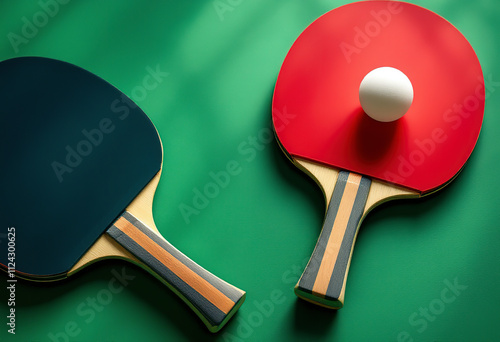 Two ping pong paddles and a ping pong ball on a green background photo