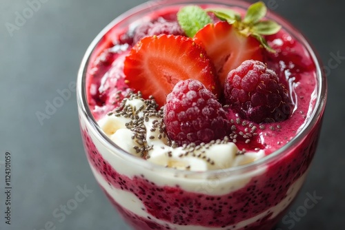 Yogurt layered with strawberry and raspberry chia spread and fresh fruit