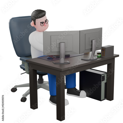 Cartoon Illustration Design of Video Editor 3D Character. A Male Video Editor sitting in a chair with two computers on the desk, expression focused. Professional Model