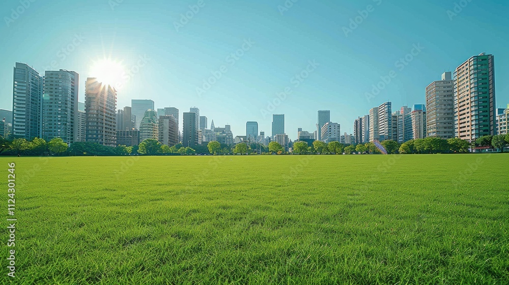 Beautiful green lawn with modern buildings in the background, clear blue sky, panoramic view. Beautiful green lawn with modern buildings in the background, clear blue sky, panoramic view.