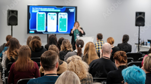 Diverse group of people focused on presentation at a professional event. Speaker explains concepts using visual aids in a conference room setting.