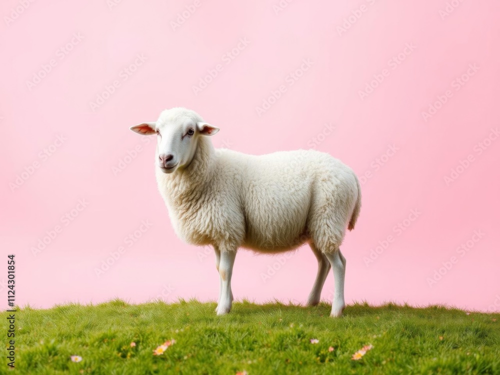Obraz premium A white sheep with fluffy wool stands proudly in the center of the frame against a vibrant pink background, exuding a sense of peace and serenity, standing, peaceful, sheep