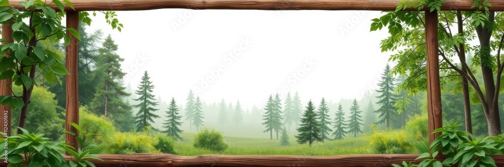 A white wooden frame stands alone in a lush green forest, surrounded by tall trees and colorful foliage, presenting a peaceful and serene scene, nature, environment, background A white wooden frame stands alone in a lush green forest, surrounded by tall trees and colorful foliage, presenting a peaceful and serene scene, nature, environment, background