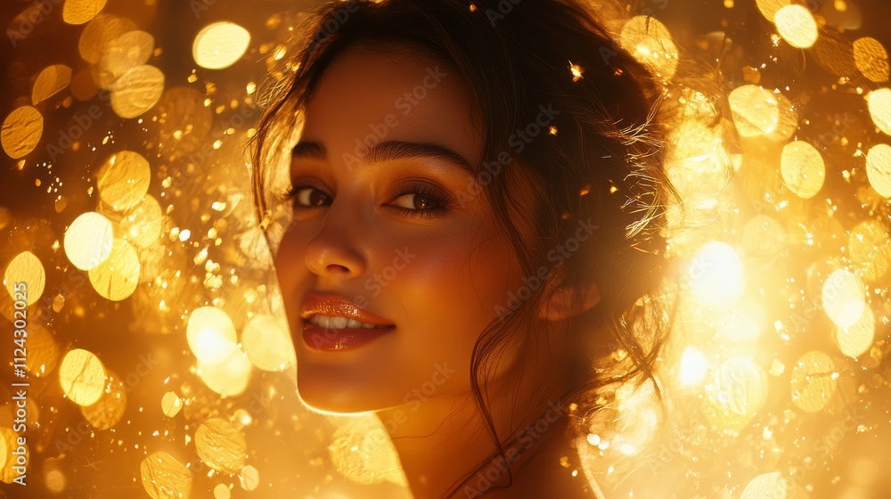 Woman smiling amidst golden bokeh, glowing, portrait illustration. Woman smiling amidst golden bokeh, glowing, portrait illustration.