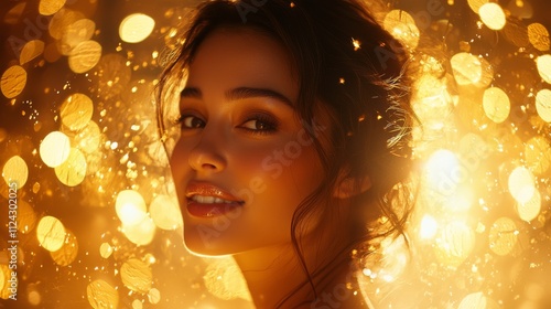 Woman smiling amidst golden bokeh, glowing, portrait illustration.