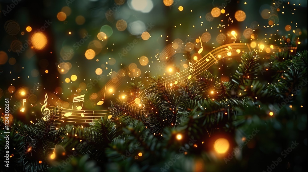 An xmas background of golden music notes creates a magical and musical atmosphere. An xmas background of golden music notes creates a magical and musical atmosphere.