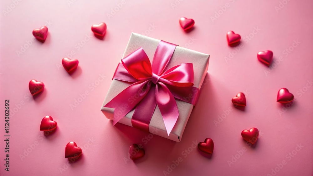 Charming Pink Gift Box with Red Bow Surrounded by Hearts on Soft Pink Background - Perfect for Celebrations, Birthdays, Anniversaries, and Sweet Gestures of Love Charming Pink Gift Box with Red Bow Surrounded by Hearts on Soft Pink Background - Perfect for Celebrations, Birthdays, Anniversaries, and Sweet Gestures of Love