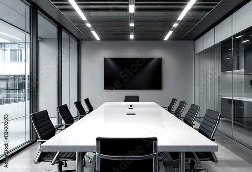 A modern and minimalist conference room with a large white table, black chairs, and glass walls.