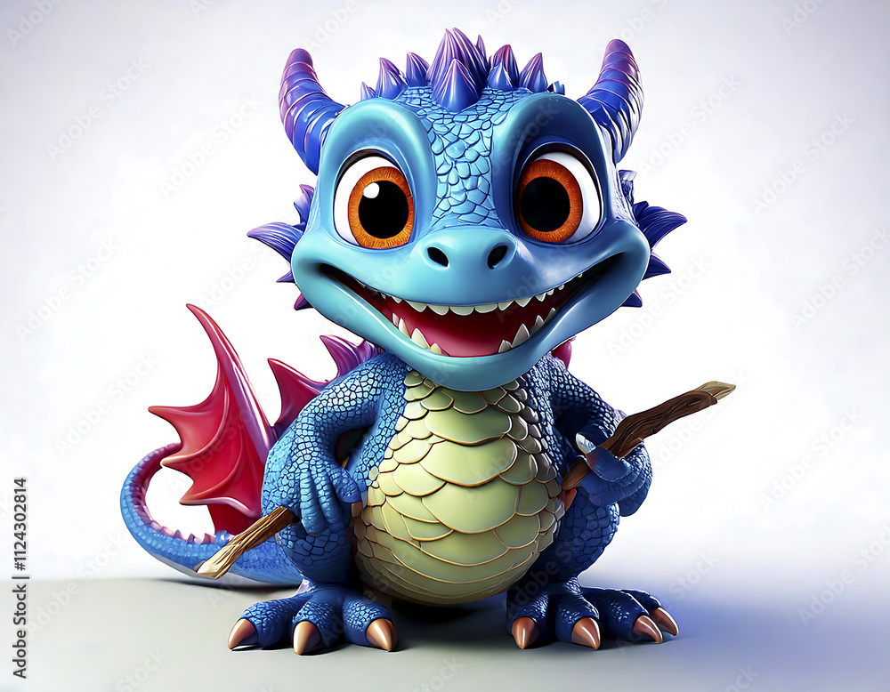 Fototapeta premium cute little blue dragon creative minimal 3d style isolated white background