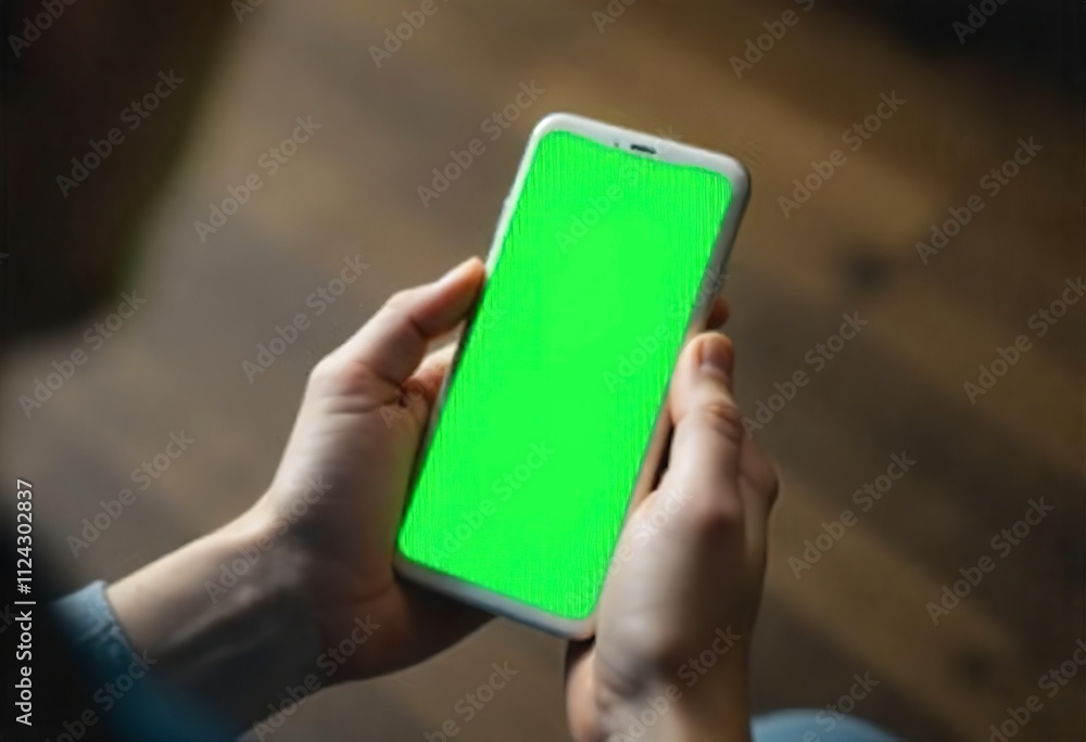 Naklejka premium A person's hands holding a white smartphone with a green screen