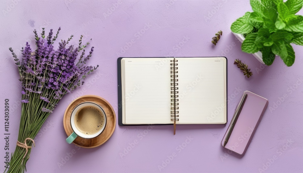 Cozy workspace with lavender, coffee, and open notebook on purple background with space for text Cozy workspace with lavender, coffee, and open notebook on purple background with space for text