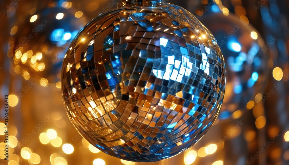 Close up of a rotating disco ball with colorful reflections and copy space Close up of a rotating disco ball with colorful reflections and copy space