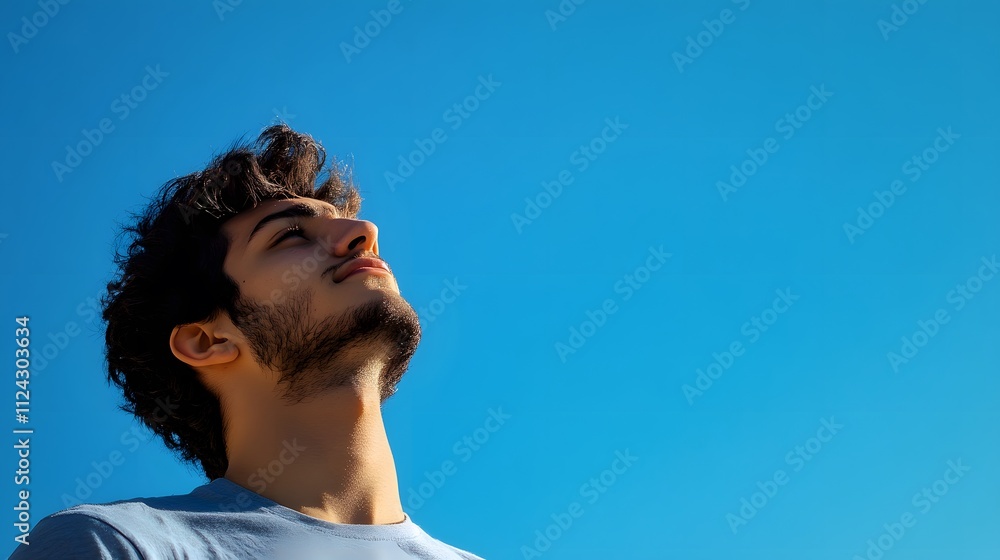 A young man gazing at a clear blue sky with a thoughtful expression symbolizing hope and a bright future ahead A young man gazing at a clear blue sky with a thoughtful expression symbolizing hope and a bright future ahead