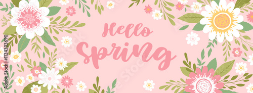 Hello Spring vector illustration with colorful hand drawn flowers isolated on pink background. Floral design template for poster, card print, invitation, web banner, social media