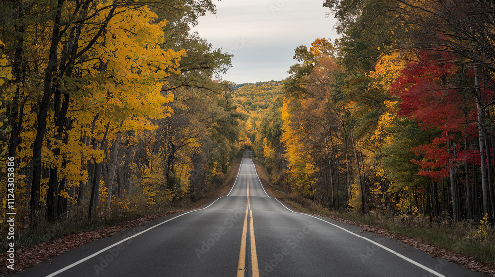 Scenic Fall Road Through Vibrant Forest with Yellow, Orange, and Red Leaves, Well-Maintained Smooth Road with White Dividing Lines, Canopy Thinning Towards Distance, Overcast Sky and Cool Crisp Scenic Fall Road Through Vibrant Forest with Yellow, Orange, and Red Leaves, Well-Maintained Smooth Road with White Dividing Lines, Canopy Thinning Towards Distance, Overcast Sky and Cool Crisp