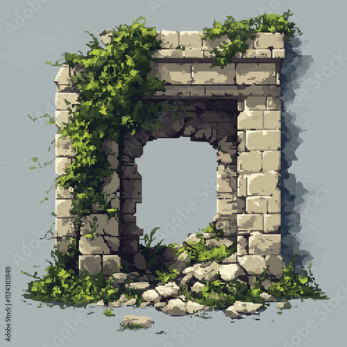 Create pixel art ancient ruins with crumbling walls and overgrown vegetation, vector icon design, flat style.