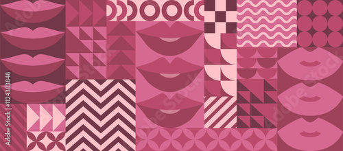 Valentines Day vector illustration with pink lips and bauhaus abstract geometric shapes background. Modern design pattern template for poster print, invitation, web banner, card, flyer