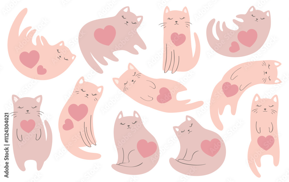 Vector Valentine Day illustration with cute hand drawn cats and hearts in pastel colors isolated on white background. Adorable animal design set for card print, wallpaper, poster, decoration Vector Valentine Day illustration with cute hand drawn cats and hearts in pastel colors isolated on white background. Adorable animal design set for card print, wallpaper, poster, decoration