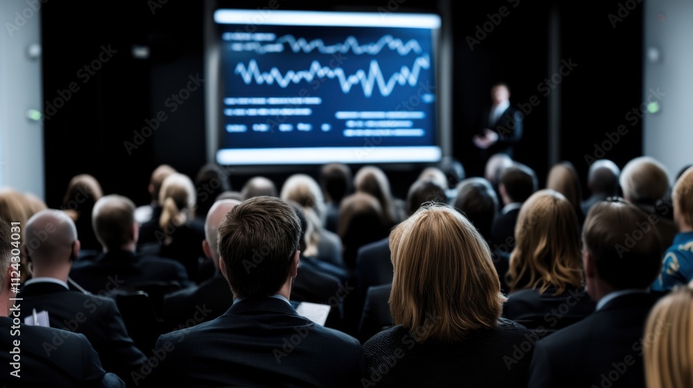 Professional training session features business presentation with attentive audience. Engaged professionals in formal attire listening to insights on screen. Professional training session features business presentation with attentive audience. Engaged professionals in formal attire listening to insights on screen.