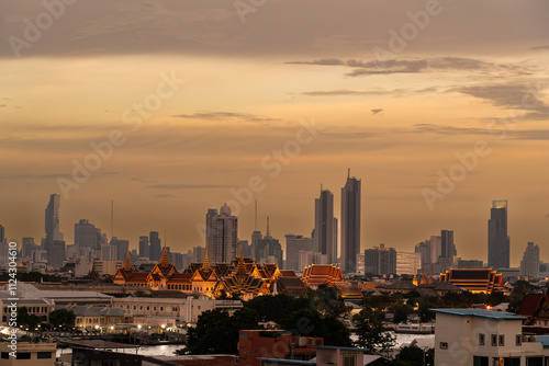Cityscape of Bangkok, the city of angels with grand palace during sunset.