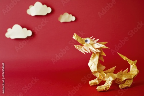 Golden Origami Chinese Dragon with Clouds on Red Background for Decor and Design