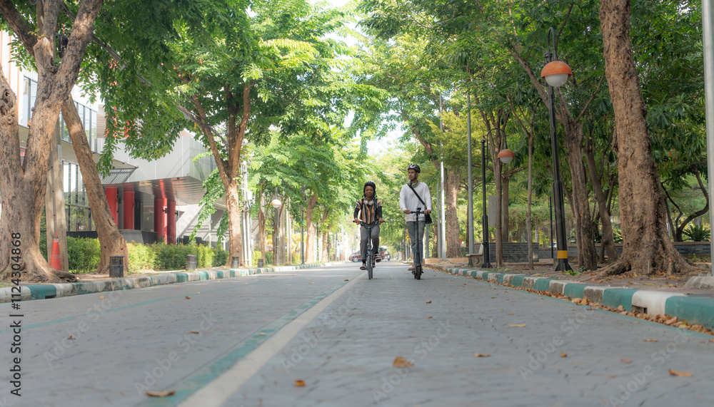 Fototapeta premium Commuting to work with bicycle. Young business person cycling and riding electric scooter to office in downtown district. Modern diversity people use eco transportation in city. Sustainable lifestyle.