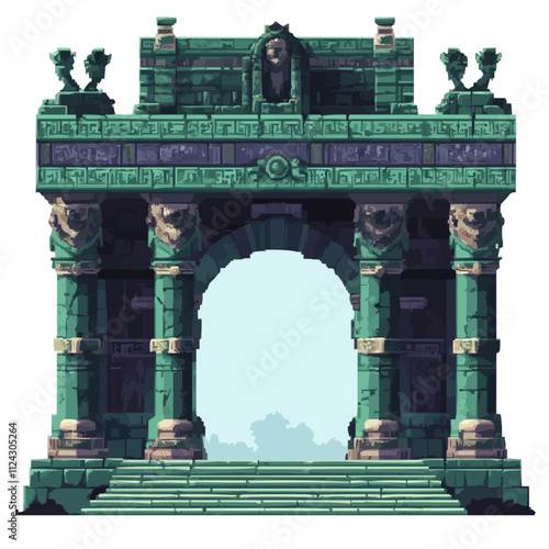 Create pixel art ancient temples with grand arches and sacred statues, vector icon design, flat style.