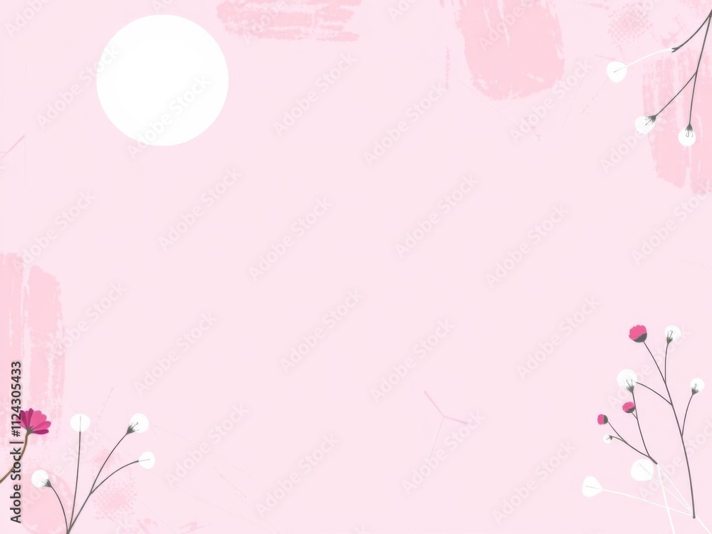 Naklejka premium Abstract pink and lilac background with swabs, flowers, leaves, thin black lines, and a big white circle, abstract, pink, lilac