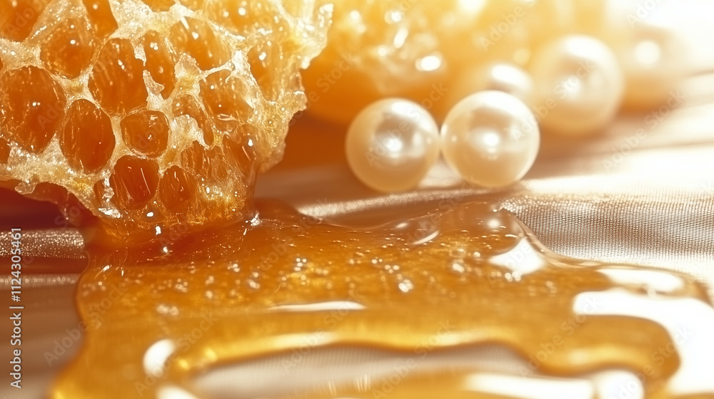 Luxurious Glow: Honey oozing, illuminated by warm golden light and glitter, with pearls and soft bokeh in the background. Luxurious Glow: Honey oozing, illuminated by warm golden light and glitter, with pearls and soft bokeh in the background.