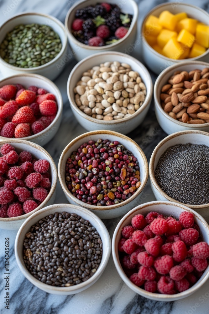 An array of vibrant fruits, nuts, and seeds is beautifully arranged in individual bowls on a polished marble surface, showcasing healthy snack options