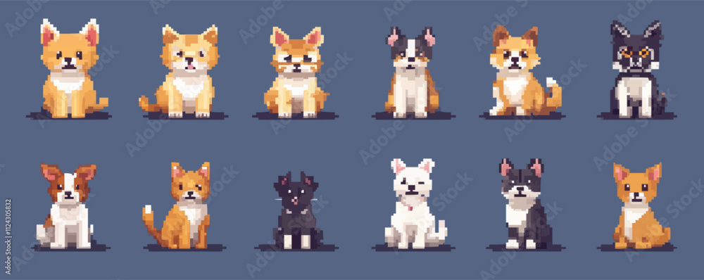 Create pixel art animal icons such as cats and dogs, vector icon design, flat style. Create pixel art animal icons such as cats and dogs, vector icon design, flat style.