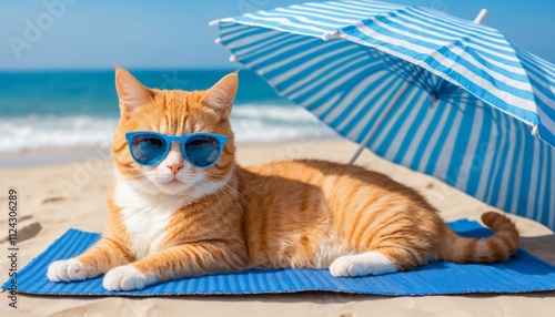 A funny cat chilling on a beach and wearing sunglasses. A orange domestic cat sit back on pure sand beach, enjoy the beach. Holiday concept, summer time icon