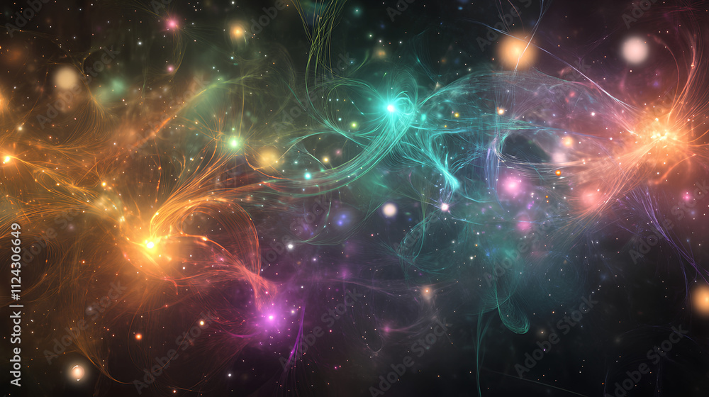 Fototapeta premium Vibrant Magic Particles with Glowing Orbs and Trails on Dark Background