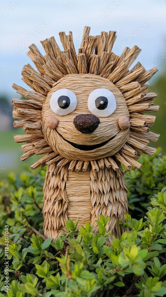 Obraz premium charming straw lion figure with friendly smile peeking from bush