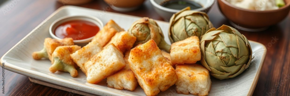 Asian food table featuring crispy fried tofu and tempura artichokes, platter, traditional, artichokes Asian food table featuring crispy fried tofu and tempura artichokes, platter, traditional, artichokes