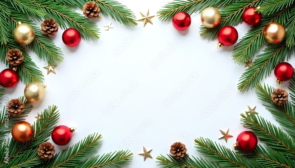 Christmas card template with fir branches, cones and yellow-red Christmas balls. Family joy Christmas card template with fir branches, cones and yellow-red Christmas balls. Family joy