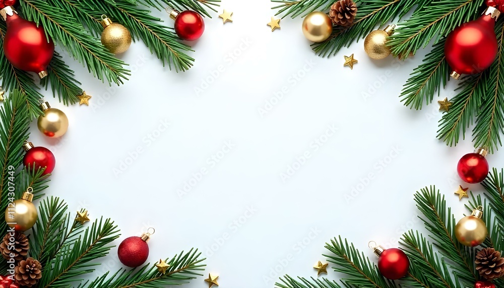 Christmas card template with fir branches, cones and yellow-red Christmas balls. Family joy Christmas card template with fir branches, cones and yellow-red Christmas balls. Family joy
