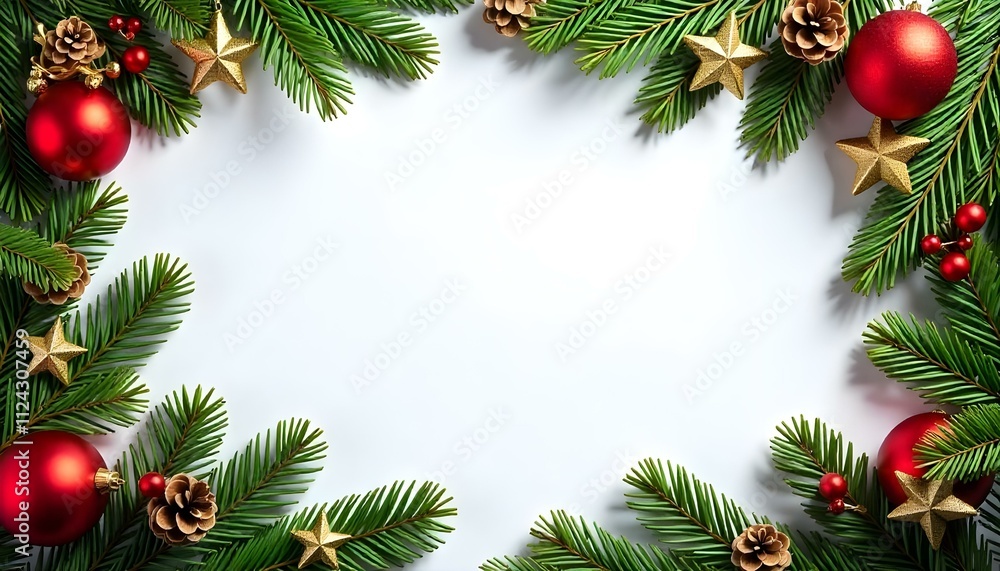 Christmas card template with fir branches, cones and yellow-red Christmas balls. Family joy Christmas card template with fir branches, cones and yellow-red Christmas balls. Family joy