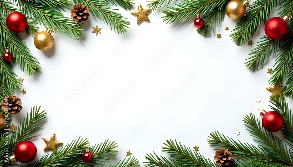 Christmas card template with fir branches, cones and yellow-red Christmas balls. Family joy Christmas card template with fir branches, cones and yellow-red Christmas balls. Family joy