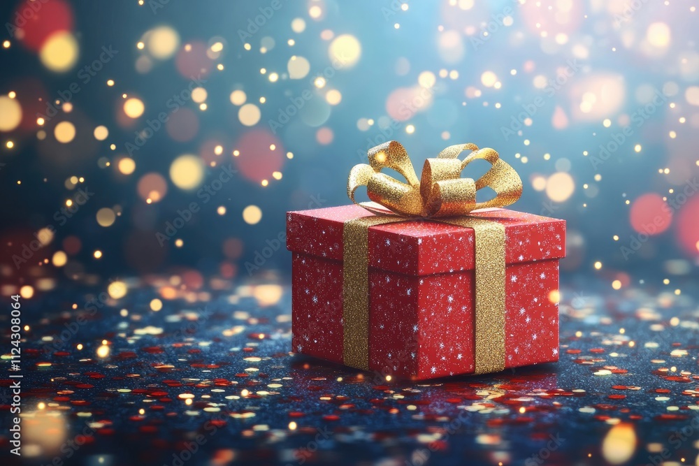Red Gift Box with Gold Bow on Glittery Surface