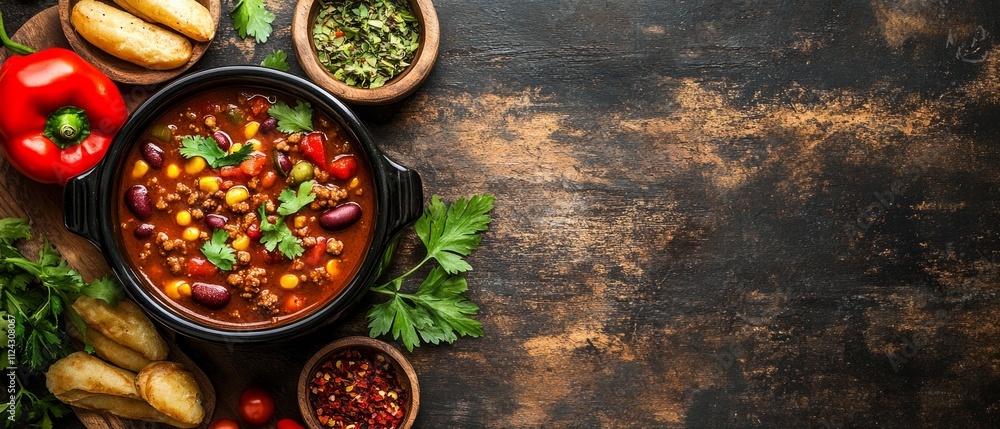A delicious bowl of chili sits surrounded by fresh herbs, spices, and vegetables, showcasing a perfect meal for sharing with family or friends A delicious bowl of chili sits surrounded by fresh herbs, spices, and vegetables, showcasing a perfect meal for sharing with family or friends
